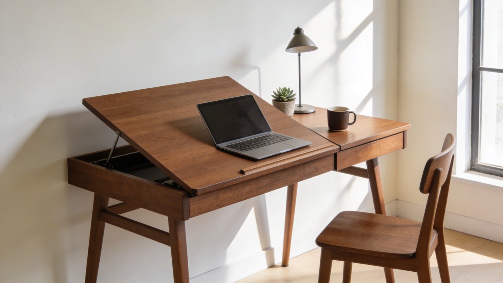 A bright Scandinavian-style dining area featuring a modern walnut expandable drop-leaf table positioned against a cream-colored wall, with one side leaf extended showing a laptop, coffee mug, and small desk lamp on the expanded section, while the other side remains compact, a simple wooden chair tucked in, natural afternoon sunlight streaming through a nearby window creating soft shadows, minimal decor with a small potted succulent, view from a 45-degree angle capturing both the compact and extended portions of the table, warm wood tones contrasting with white walls, realistic residential interior photography style