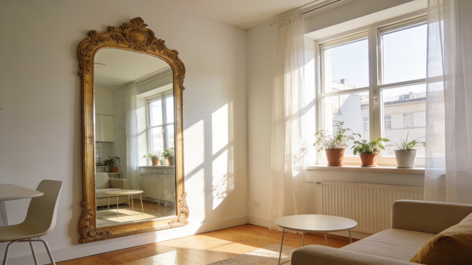 A bright, airy small apartment living room bathed in natural sunlight, featuring a large ornate vintage gold-framed mirror positioned on the wall opposite a sunlit window, reflecting the window's light and creating an illusion of expanded space, with the mirror's reflection showing the depth of the room, potted plants on the windowsill, minimalist Scandinavian furniture in soft cream and white tones, hardwood floors, and sheer curtains gently flowing, photographed from a corner angle at eye level in natural daylight