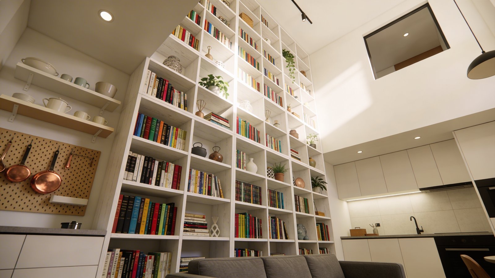 A modern small apartment living room photographed from a low angle perspective, showcasing floor-to-ceiling white wooden bookshelves filled with colorful books, decorative objects, and plants along one entire wall, with sleek wall-mounted floating shelves displaying minimalist ceramics, a pegboard organizer visible in an adjacent kitchen area holding copper utensils, warm natural lighting streaming through a nearby window, contemporary Scandinavian furniture including a gray sofa below, emphasizing the impressive vertical height and upward eye-drawing design, professional interior photography style with sharp focus and bright, airy atmosphere
