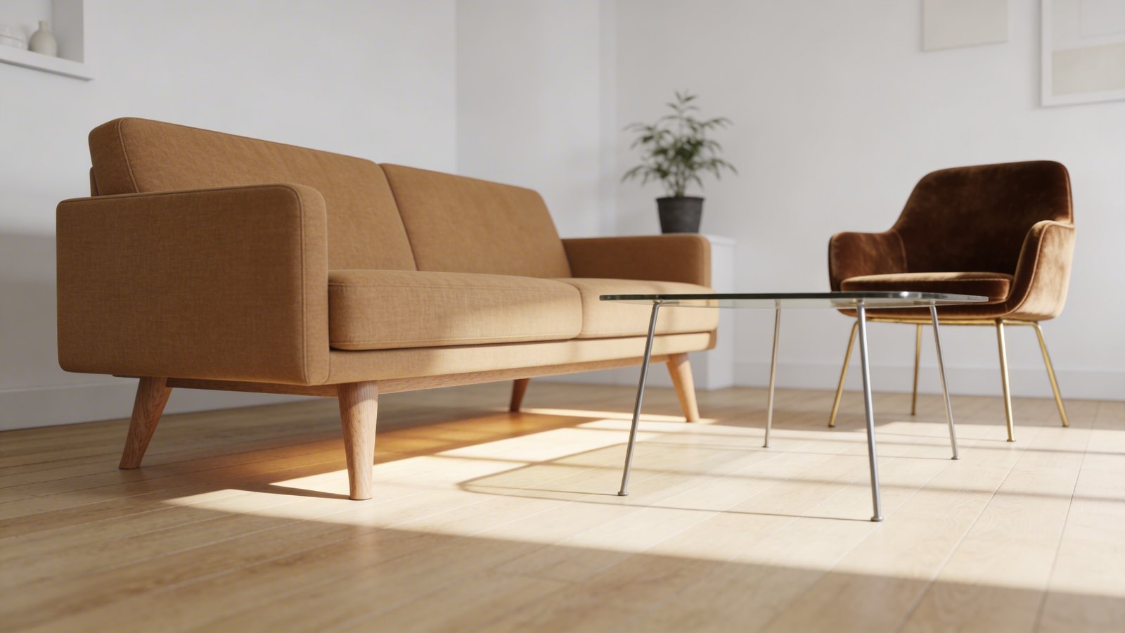 A bright, airy small apartment living room photographed from a low three-quarter angle showing a modern tan linen sofa with exposed wooden tapered legs, a glass coffee table with slender metal legs, and a velvet accent chair with thin brass legs, all positioned on a light oak hardwood floor with natural sunlight streaming underneath the furniture creating shadows that emphasize the open space beneath each piece, minimalist Scandinavian decor with white walls, a small potted plant visible in the background, shot in natural daylight with soft shadows highlighting the airiness and visual breathing room created by the elevated furniture