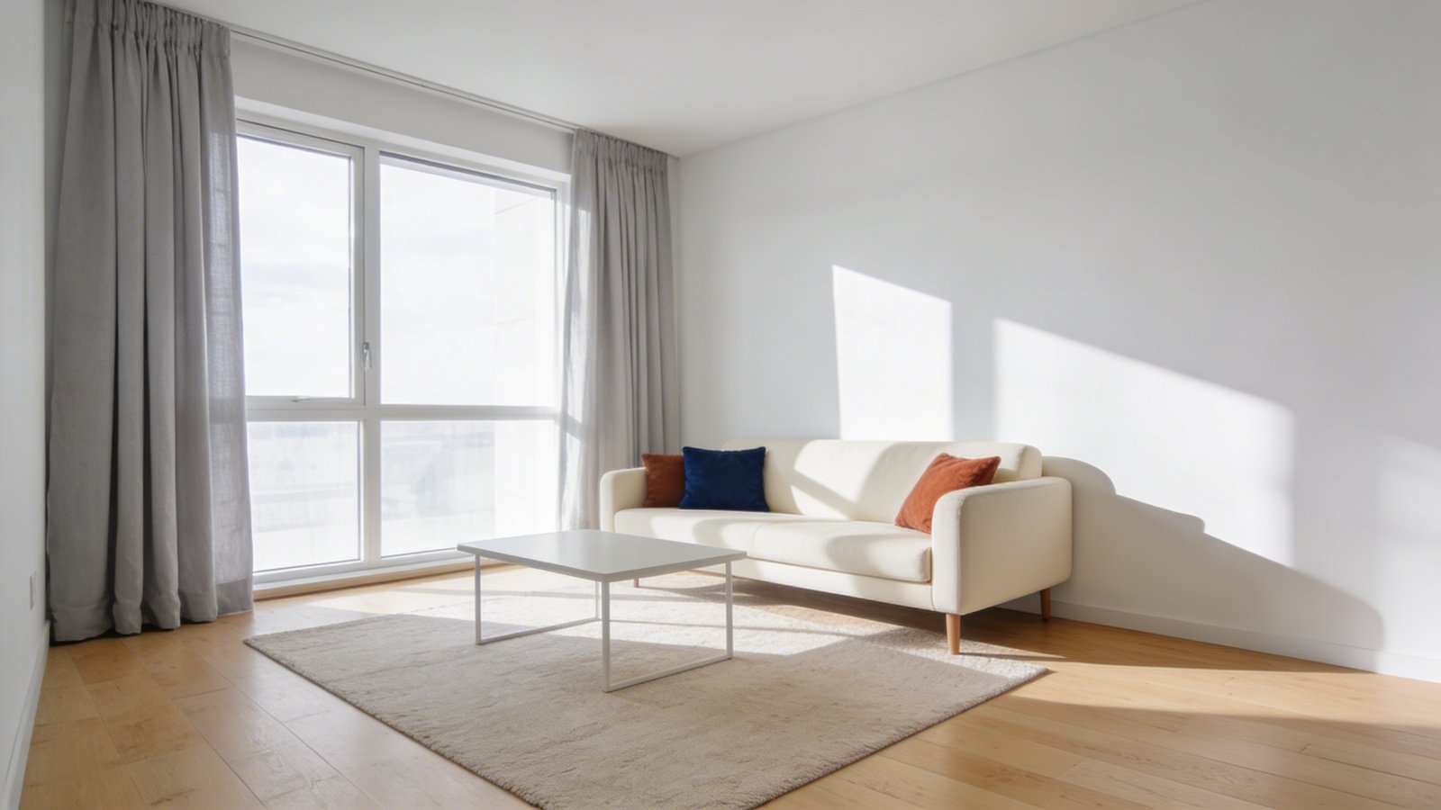 A bright, airy small studio apartment interior photographed from a corner angle, showcasing white walls, cream-colored furniture including a compact sofa and minimalist coffee table, pale gray curtains filtering natural sunlight through a large window, light beige area rug on blonde hardwood floors, with a few colorful throw pillows in navy and terracotta as subtle accent pieces, shot in natural daylight with soft shadows creating depth and an expansive, open atmosphere
