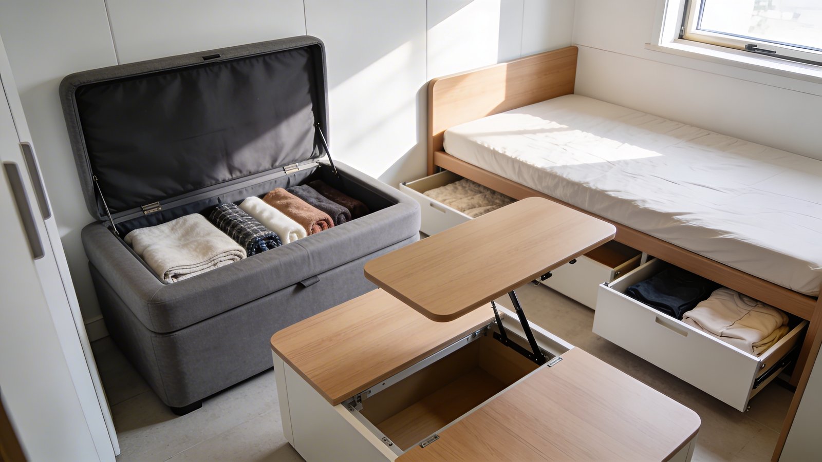 A bright, modern small studio apartment interior showcasing multi-functional furniture in a realistic setting: a sleek gray upholstered storage ottoman with its top lid open revealing organized blankets inside, positioned next to a contemporary light wood coffee table with a partially lifted top mechanism exposing the convertible dining table feature, and a stylish platform bed with visible built-in storage drawers pulled slightly open displaying linens, all arranged in a compact but airy living space with white walls, natural afternoon sunlight streaming through a window, taken from a 45-degree elevated angle, professional interior photography style with warm, inviting atmosphere