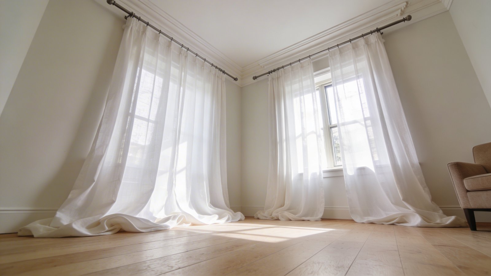 A bright, airy small apartment living room photographed from a low angle emphasizing floor-to-ceiling white sheer curtains mounted just below the crown molding, with the curtain rod extending far beyond a medium-sized window on both sides, natural sunlight streaming through the flowing fabric that gently pools on the light hardwood floor, the curtains creating dramatic vertical lines that draw the eye upward, neutral cream and beige color scheme with a cozy armchair partially visible in the corner, minimalist Scandinavian design aesthetic, shot with natural lighting highlighting the height and elegance of the window treatment