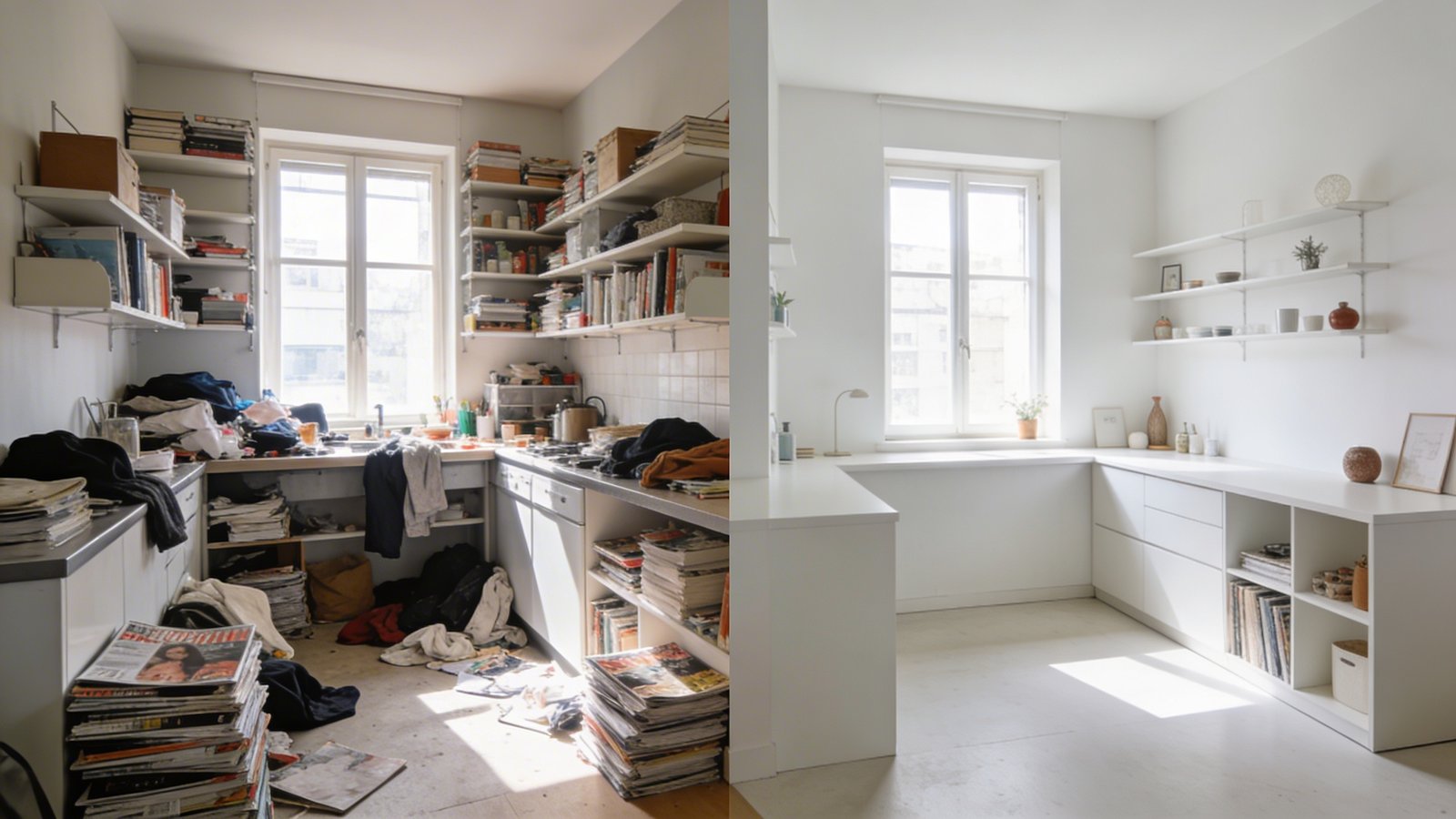 A bright, airy small studio apartment interior split visually down the middle, showing dramatic before-and-after contrast: the left side cluttered with stacks of magazines, scattered clothes, crowded countertops, and overflowing shelves creating visual chaos, while the right side displays the same space completely decluttered with clean surfaces, minimal decorative items, organized shelving, and breathing room, photographed in natural daylight streaming through windows, realistic architectural photography style, wide-angle perspective from corner of room, emphasizing the spacious feeling achieved through minimalism and organization