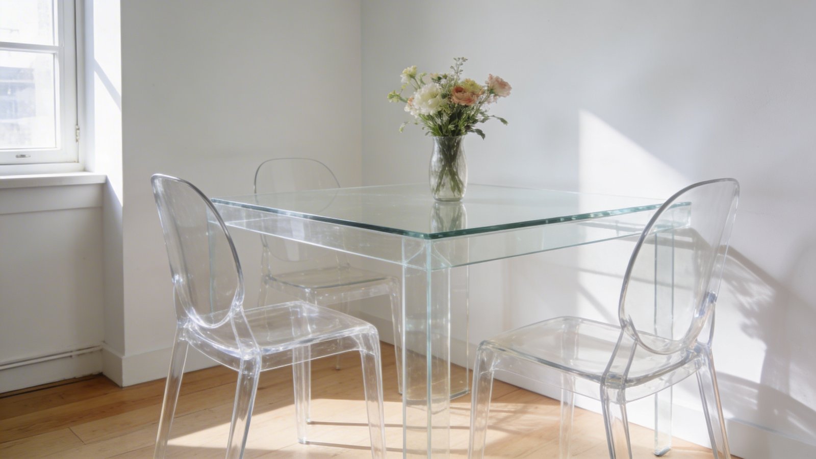 A bright, airy small apartment dining area photographed from a three-quarter angle, featuring a modern transparent acrylic dining table with clear lucite ghost chairs that appear almost invisible, set against white walls with natural sunlight streaming through a nearby window, a simple vase with fresh flowers sits on the glass surface, light hardwood floors beneath, the transparent furniture creating an illusion of spaciousness while maintaining full functionality, contemporary minimalist interior design style, professional real estate photography quality