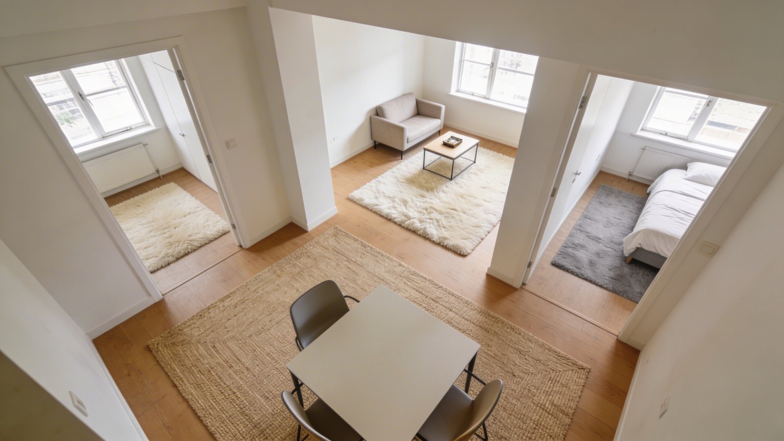 A bright, airy small apartment with an open floor plan showcasing three distinct zones defined by coordinating area rugs: a beige jute rug anchoring a compact dining table with modern chairs in the foreground, a plush cream-colored rug in the living area with a small sofa and coffee table in the middle ground, and a soft gray rug visible beside a bed in the bedroom zone in the background, photographed from a raised corner angle showing the entire space bathed in natural window light, professional interior photography style with warm tones and excellent depth of field
