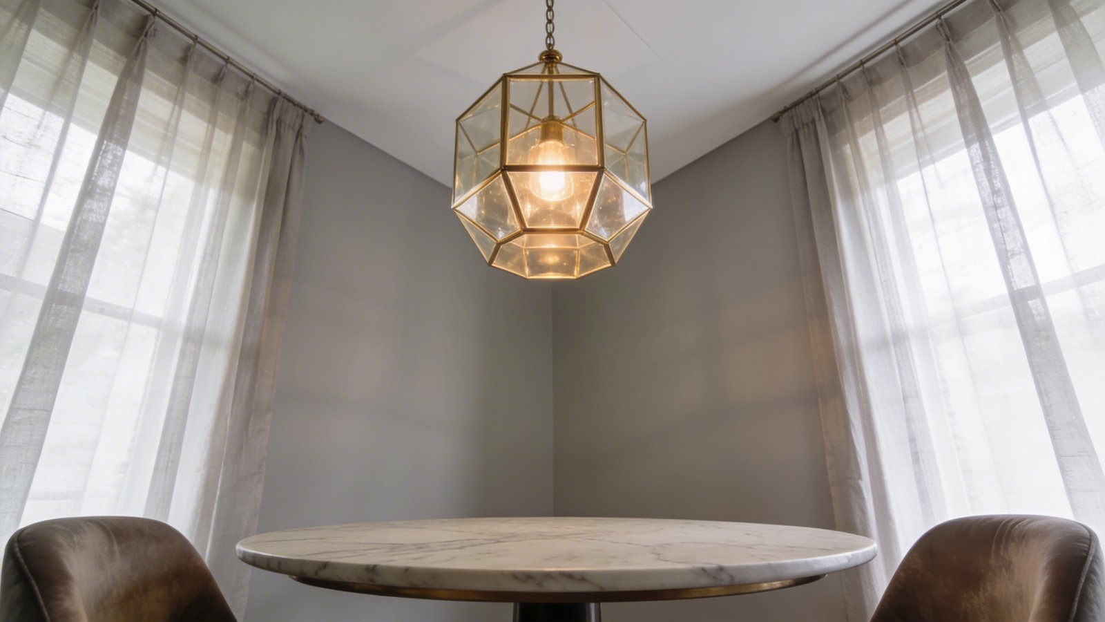 A modern small dining area photographed from a low angle perspective, showcasing an eye-catching brass and glass geometric pendant light fixture hanging prominently above a compact round marble dining table, with the light fixture as the central focus drawing the eye upward to the white ceiling, soft natural light filtering through sheer curtains in the background, minimalist pale gray walls, two sleek velvet dining chairs partially visible, warm ambient lighting creating an inviting atmosphere that emphasizes vertical space and makes the cozy room feel more spacious and sophisticated