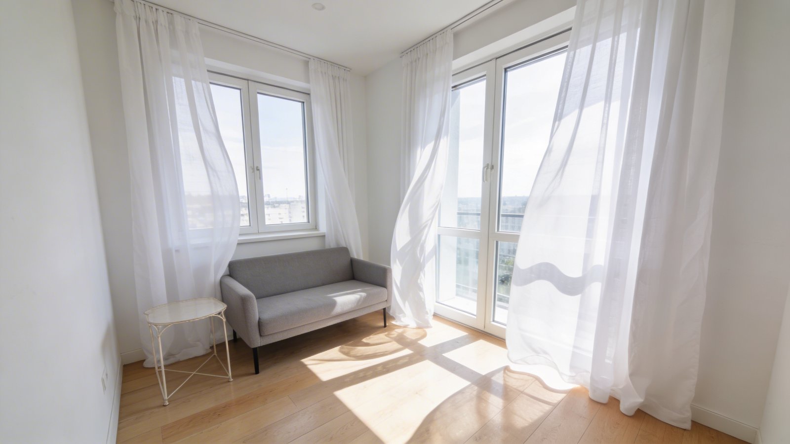 A bright, airy small apartment living room photographed from a corner angle, showcasing tall windows dressed with sheer white linen curtains gently billowing in natural sunlight, the minimal window treatments allowing abundant natural light to flood the compact space, featuring a small modern sofa in soft gray, a delicate side table, and light oak flooring that reflects the sunshine, with the window treatments pulled to the sides revealing the full window frame, shot in a contemporary Scandinavian style with high-key lighting emphasizing the spacious feel created by the unobstructed natural light