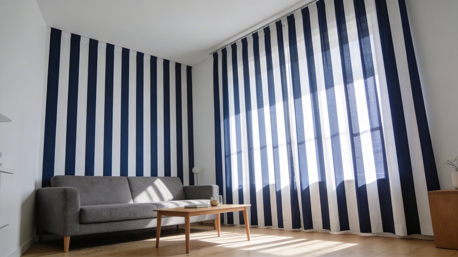 A modern small living room photographed from a corner angle, featuring floor-to-ceiling navy blue and white vertical striped curtains that draw the eye upward, making the ceiling appear higher. The room includes a comfortable gray sofa, a small wooden coffee table, and minimalist decor. Natural light filters through the striped curtains, creating subtle shadows on the light hardwood floor. The space feels open and airy, with white walls and contemporary furnishings that complement the bold vertical stripe pattern. The photograph is taken at eye level, showing how the vertical lines create an illusion of height in the compact apartment space.