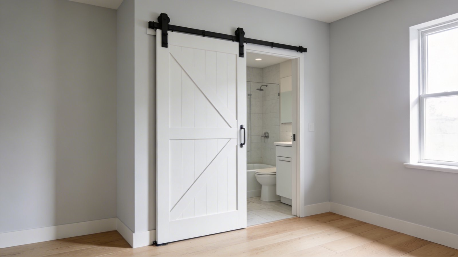 A modern small apartment interior showcasing a stylish white sliding barn door with black metal hardware partially open to reveal a compact bathroom, shot from a three-quarter angle in a bright minimalist space with light wood floors, pale gray walls, and subtle natural lighting streaming through a nearby window, demonstrating the space-saving design compared to the clear floor area where a traditional swinging door would obstruct