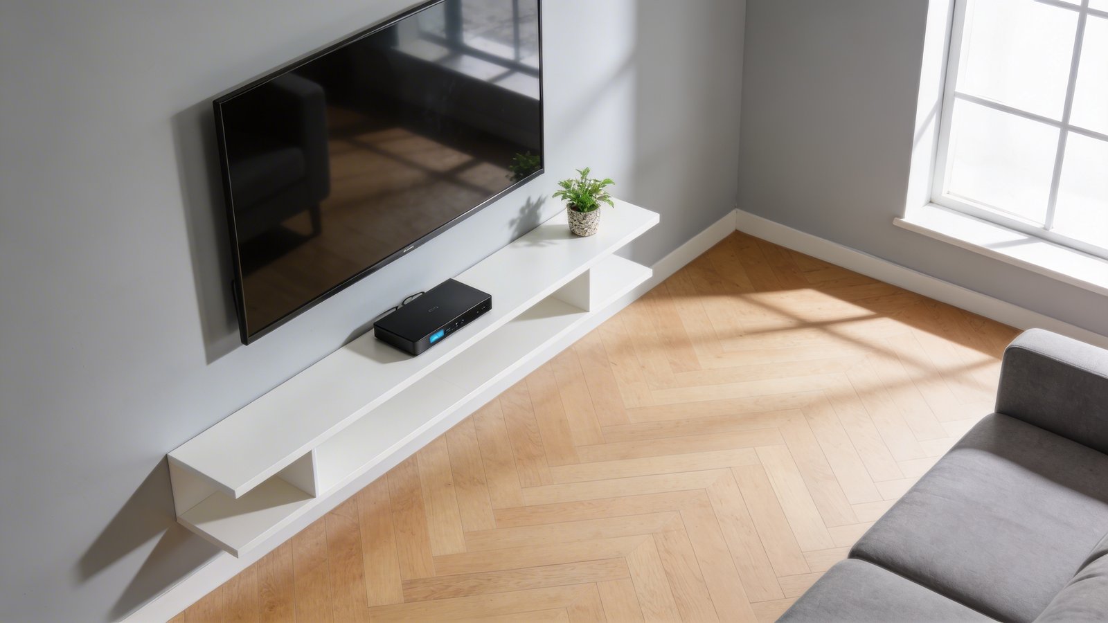 A modern small apartment living room photographed at a slight angle, featuring a sleek flat-screen TV mounted on a light gray wall with a minimalist white floating shelf directly beneath it holding a streaming device and small decorative plant, the floor below completely clear showing light hardwood flooring, a contemporary gray sofa partially visible to the side, bright natural lighting from a window creating an airy spacious atmosphere, clean uncluttered aesthetic emphasizing the open floor space where a bulky TV stand would traditionally sit