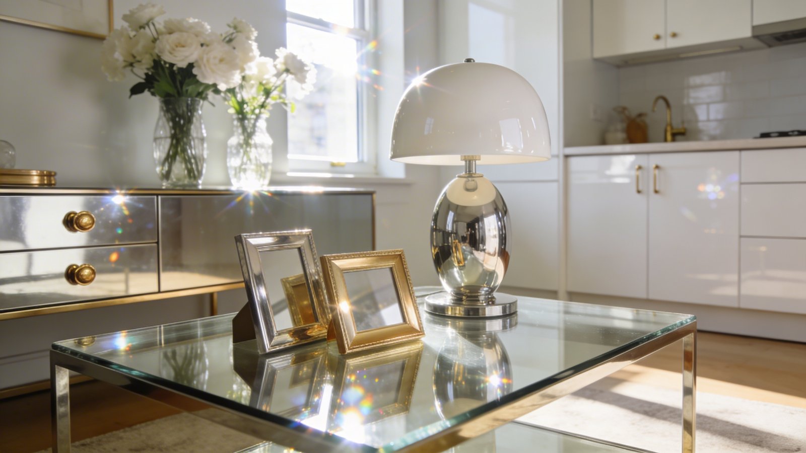A bright, airy small apartment living space photographed from a mid-level angle showing layered reflective surfaces throughout: a modern glass coffee table with metallic gold picture frames, chrome table lamp with a glossy white finish, brass cabinet hardware on a sleek credenza, clear glass vases holding fresh white flowers, and glossy white kitchen cabinets visible in the background, all catching and bouncing natural sunlight streaming through a nearby window, creating sparkles and depth, contemporary Scandinavian interior design style, professional real estate photography, warm natural lighting, sharp focus