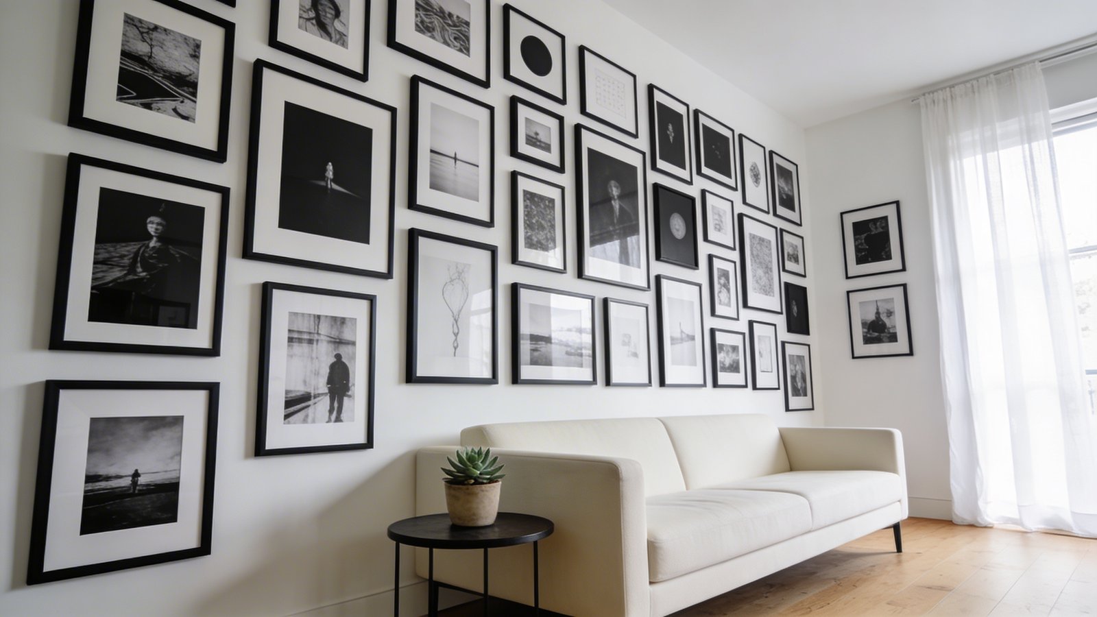 A modern small apartment living room photographed at a slight angle, showcasing an expansive gallery wall as the dominant feature with a curated collection of black and white framed photographs and art prints arranged in an asymmetrical grid pattern, the frames are consistently matte black creating a cohesive aesthetic, the wall spans behind a minimalist cream-colored loveseat, the room has light hardwood floors and sheer white curtains allowing natural light to illuminate the gallery wall, a small round side table with a single potted succulent sits beside the sofa, the composition emphasizes how the eye is drawn to the striking wall display rather than the compact dimensions of the space, captured in bright, airy lighting with professional interior photography quality