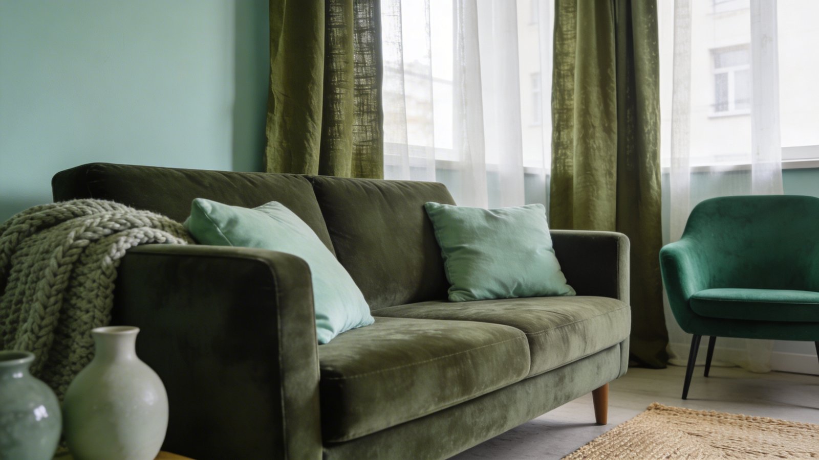 A serene small apartment living room photographed from a corner angle, showcasing an elegant monochromatic sage green color scheme with a plush velvet sofa in deep sage, lighter mint green throw pillows, olive green textured curtains, pale seafoam walls, and emerald green accent chair, featuring varying textures including a chunky knit blanket, smooth ceramic vases, and a woven jute rug, natural daylight streaming through sheer curtains creating subtle tonal variations, professional interior photography, high-resolution, depth of field, cohesive and spacious atmosphere
