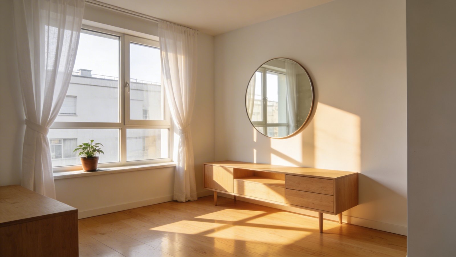 A bright, airy small apartment living room bathed in natural sunlight streaming through large clean windows with sheer white curtains pulled back, featuring a large round mirror mounted on the wall directly opposite the windows reflecting the light throughout the space, minimalist Scandinavian-style furniture in light wood tones, white walls, a small potted plant on the windowsill, and sun rays creating geometric patterns on the polished light hardwood floor, photographed from a corner angle during golden hour