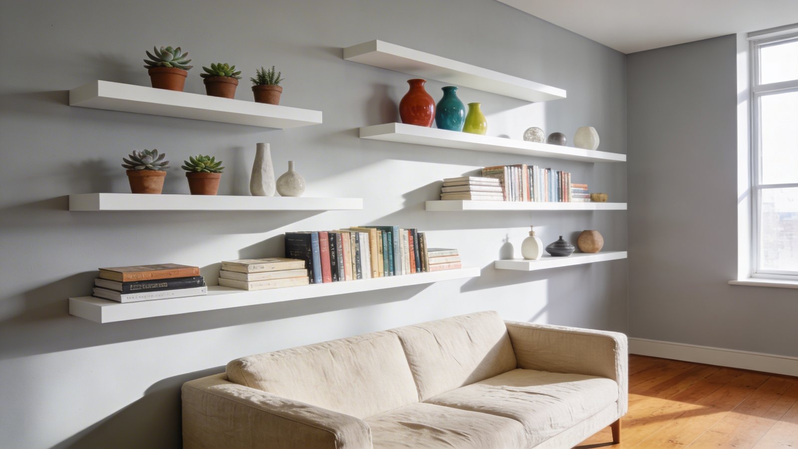 A bright Scandinavian-style studio apartment interior showcasing multiple white floating shelves installed on a light gray wall in the living area, displaying a curated mix of small potted succulents, colorful ceramic vases, neatly arranged hardcover books, and minimalist decorative objects, shot from a 45-degree angle with natural window light creating soft shadows, modern minimalist furniture visible below including a beige linen sofa, warm wooden floor, creating an airy and spacious feeling, professional interior photography, shallow depth of field, architectural digest style