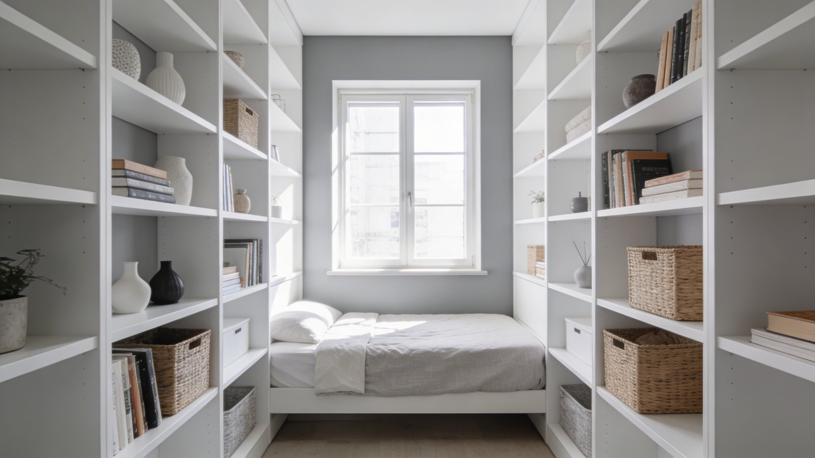 A bright modern small apartment bedroom photographed from a front-facing angle, showcasing floor-to-ceiling white built-in bookcases flanking both sides of a window, filled with decorative items, books, and storage baskets, with the shelving units painted to match the soft gray walls creating a seamless custom look, natural sunlight streaming through the window, a neatly made bed positioned between the storage units, minimalist Scandinavian design aesthetic, professional interior photography, sharp focus, naturally lit
