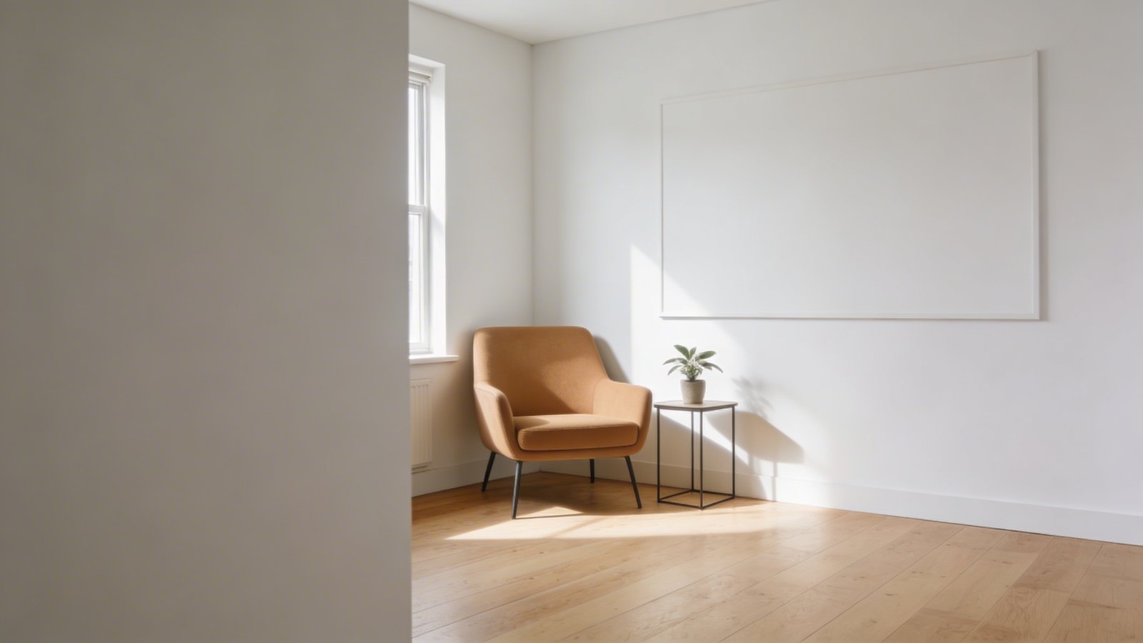 A serene minimalist small apartment living room photographed from a corner angle, featuring a single modern armchair in warm beige positioned against a crisp white wall with generous empty wall space, a small side table with one simple plant, light hardwood floors with plenty of visible open floor area, natural sunlight streaming through a window creating soft shadows, intentional gaps between sparse furniture pieces, clean uncluttered surfaces, and deliberate negative space that emphasizes airiness and spaciousness, shot in natural lighting with shallow depth of field