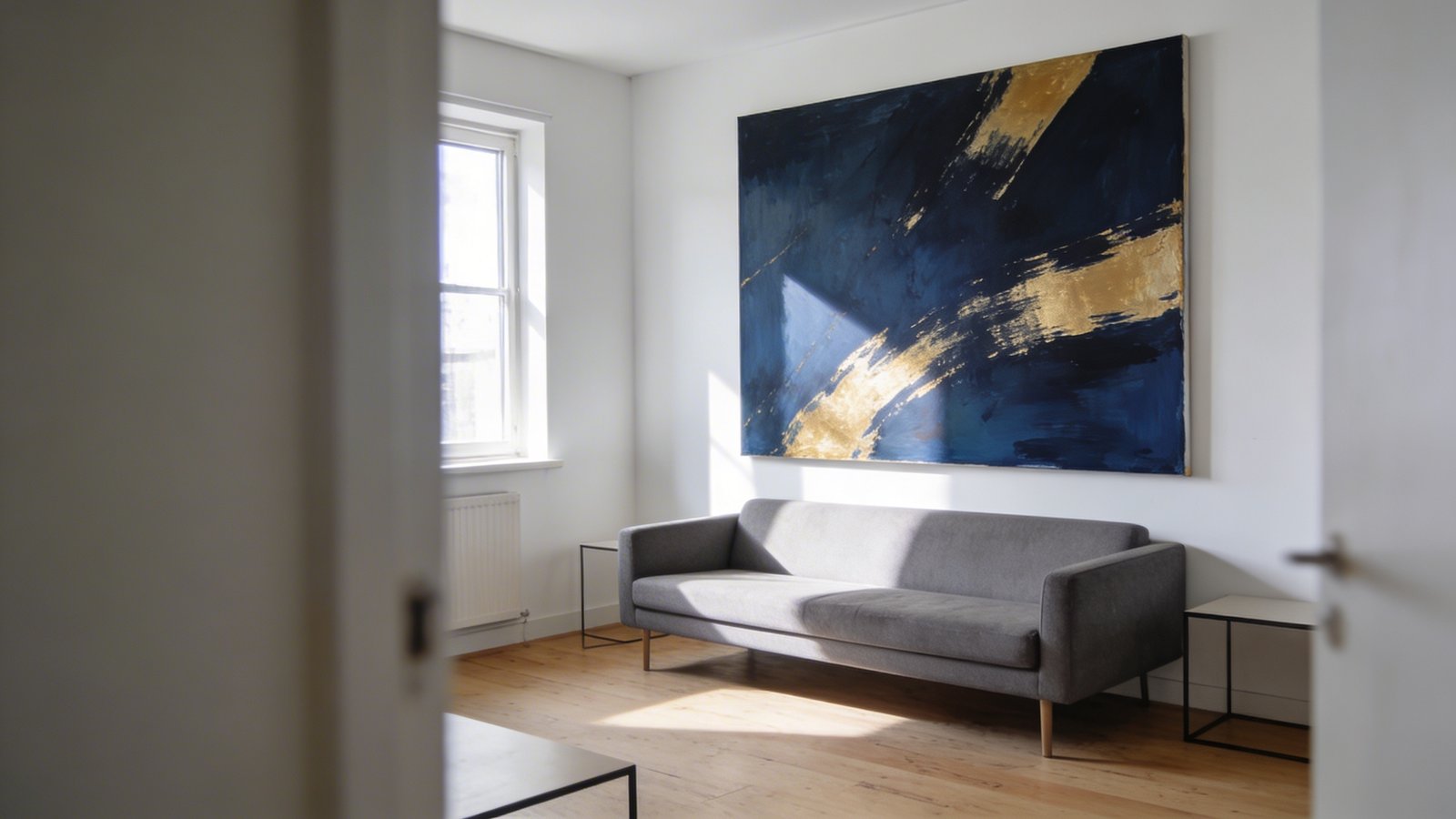 A modern small apartment living room photographed at a slight angle, featuring a single oversized abstract painting with bold navy blue and gold brushstrokes dominating a white wall above a minimalist gray sofa, natural daylight streaming through a nearby window illuminating the artwork, the room appearing spacious and uncluttered with clean lines, light wood floors, and minimal furniture, professional interior photography style with sharp focus on the large-scale art piece creating dramatic impact in the compact space