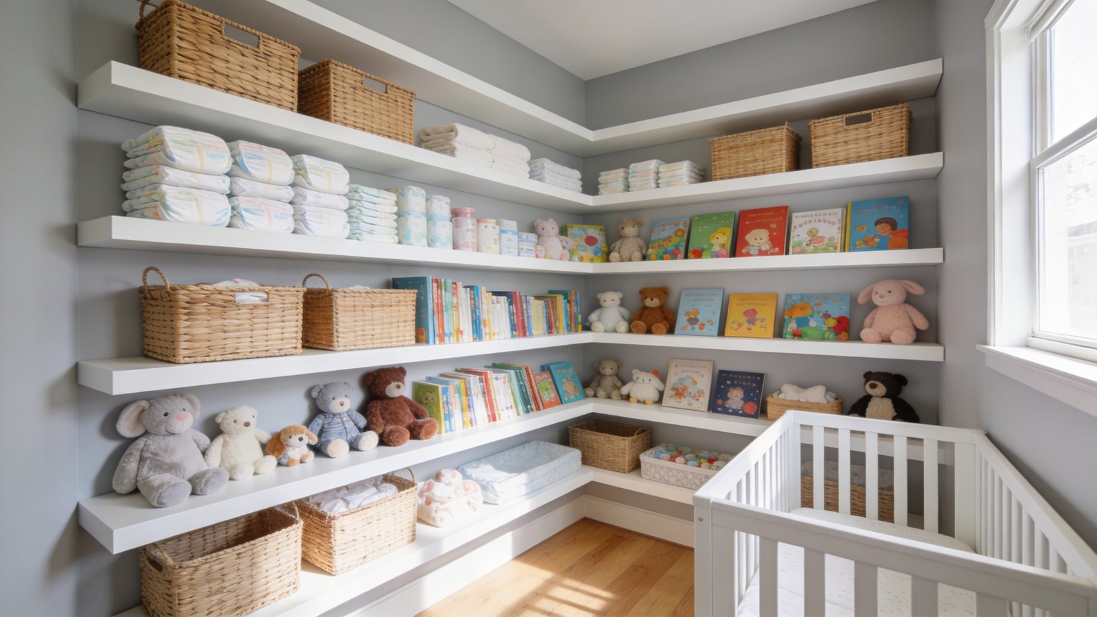 A bright, modern small nursery room photographed from a corner angle, showcasing floor-to-ceiling white floating shelves mounted on a soft gray wall filled with neatly organized baby items including stacked diapers, wicker baskets, colorful children's books, and plush stuffed animals, with a white crib visible in the foreground and natural light streaming through a window, emphasizing the maximized vertical storage solution in a compact space with light wood flooring