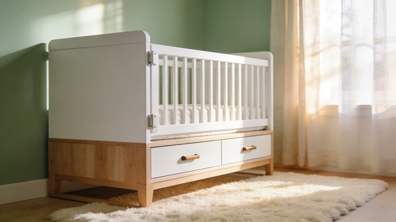 A modern white convertible crib in a small, light-filled nursery with natural wood accents, featuring built-in storage drawers underneath the crib frame, photographed from a three-quarter angle showing the sleek clean lines and minimalist Scandinavian design, soft sage green wall color, a plush cream area rug beneath, warm afternoon sunlight streaming through sheer curtains, shallow depth of field focusing on the crib's convertible rail system and drawer handles, professional interior photography style