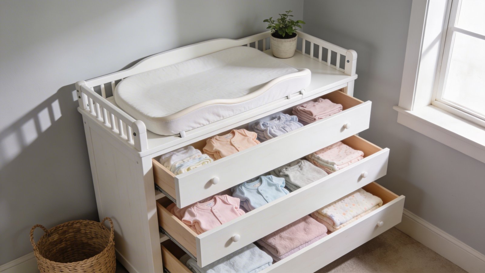A modern nursery corner featuring a white wooden dresser-changing table hybrid with a contoured changing pad on top, safety rails visible on the sides, three deep open drawers below displaying neatly folded baby clothes in soft pastels, onesies, and blankets, photographed from a 45-degree side angle in a small room with pale gray walls, natural daylight streaming from a nearby window creating soft shadows, minimal decor including a small potted plant on top and a woven basket beside the dresser, realistic home interior photography style