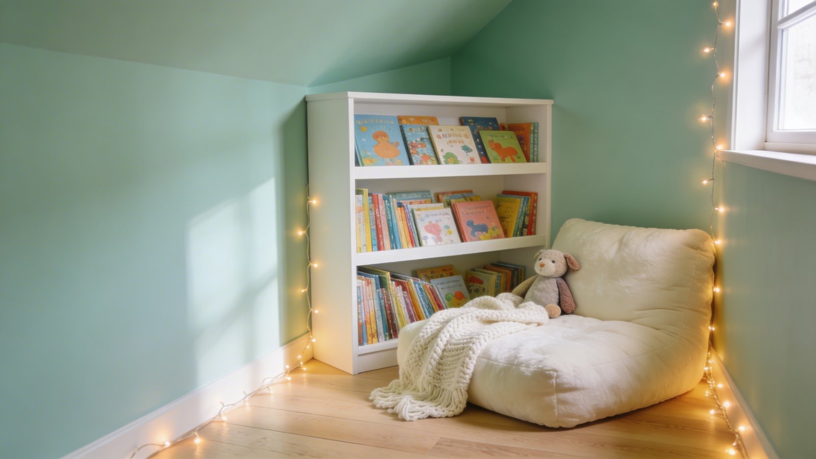 A cozy corner reading nook in a bright nursery featuring a small white corner shelf unit filled with colorful children's books, a plush cream-colored floor cushion with a soft knitted throw blanket draped over it, warm string lights hanging along the adjacent walls creating ambient lighting, and a small stuffed animal propped against the cushion, photographed from a side angle showing the depth of the corner space with natural daylight streaming in from a nearby window, pastel sage green walls, light oak hardwood flooring
