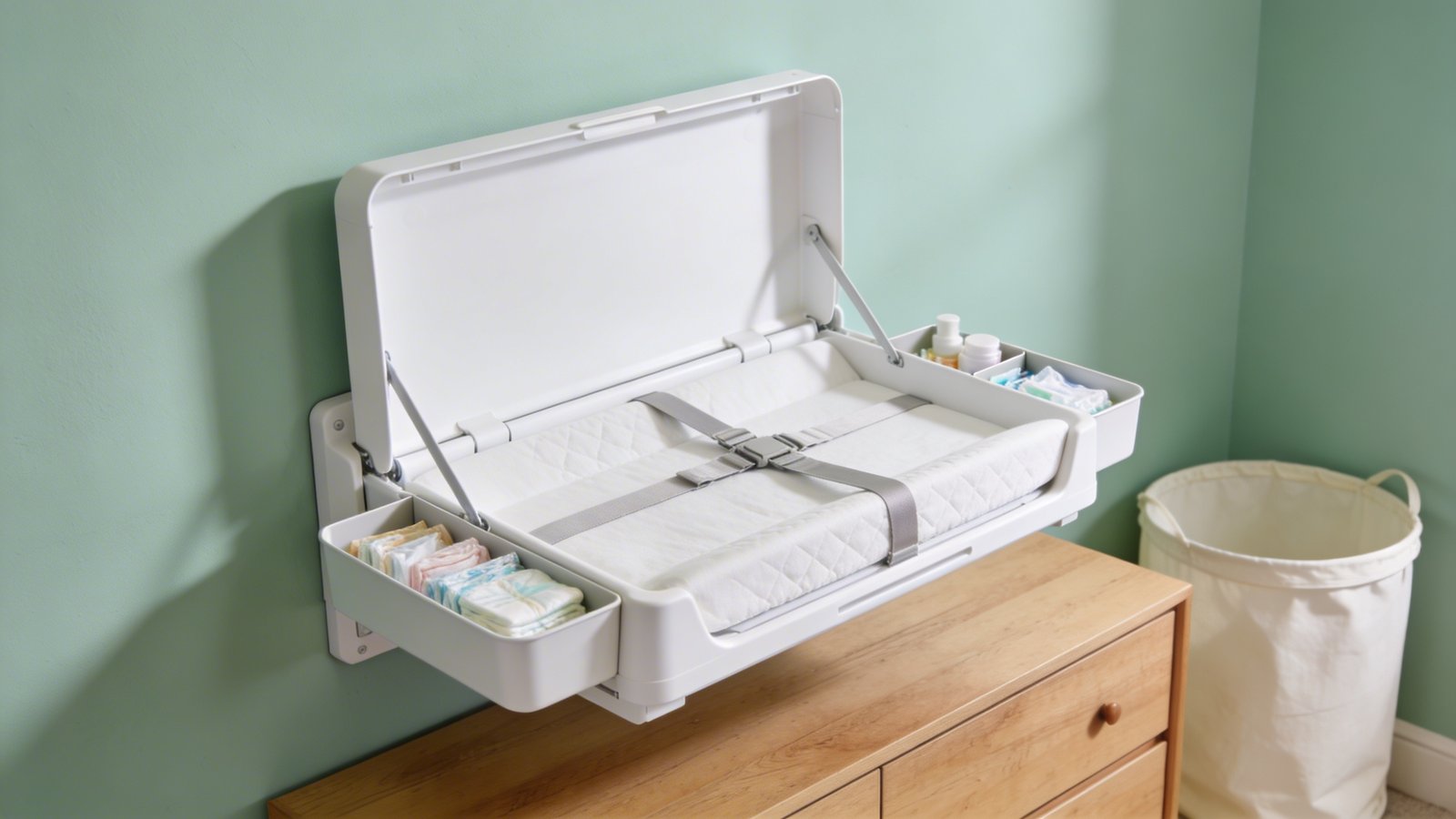 A modern white wall-mounted fold-down changing table in the open position against a soft sage green nursery wall, showing the padded changing surface with safety straps, built-in side compartments holding diapers and wipes, positioned above a natural wood low dresser, captured from a 45-degree angle in bright natural lighting with a cream colored hamper visible to the side, realistic photo quality with shallow depth of field