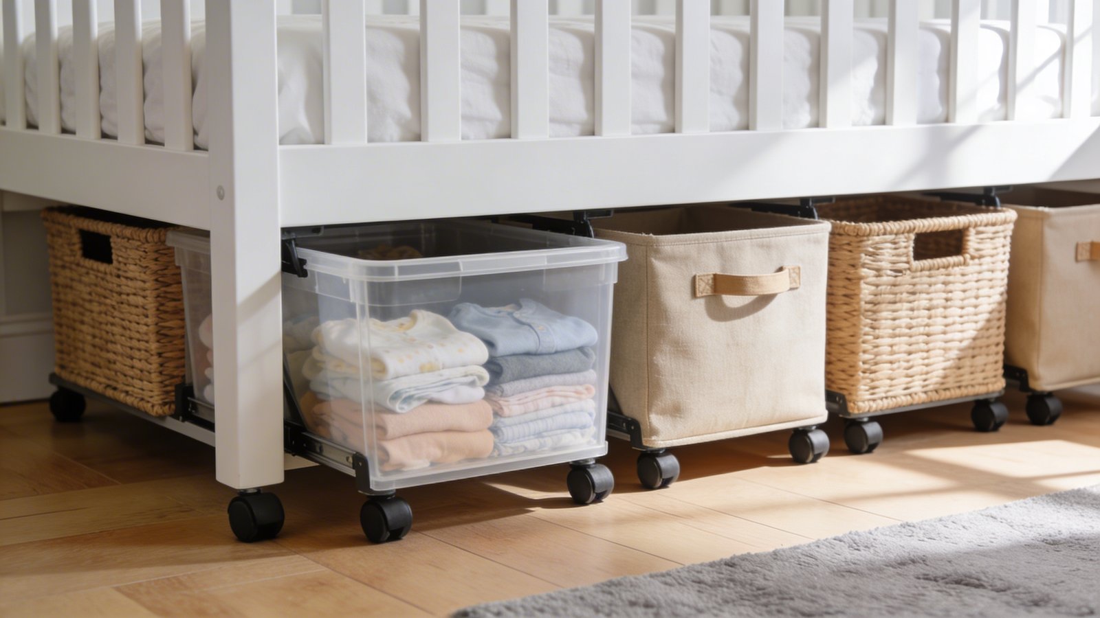 A bright, well-lit nursery photographed from a low three-quarter angle showing a white wooden crib with several woven basket-style rolling storage bins partially pulled out from underneath, featuring a mix of clear plastic containers with neatly folded baby clothes visible inside and beige fabric bins with handles, shot on light oak hardwood flooring with a soft gray area rug visible at the edge, natural window light creating gentle shadows, realistic photograph with shallow depth of field focusing on the accessible under-crib storage solution