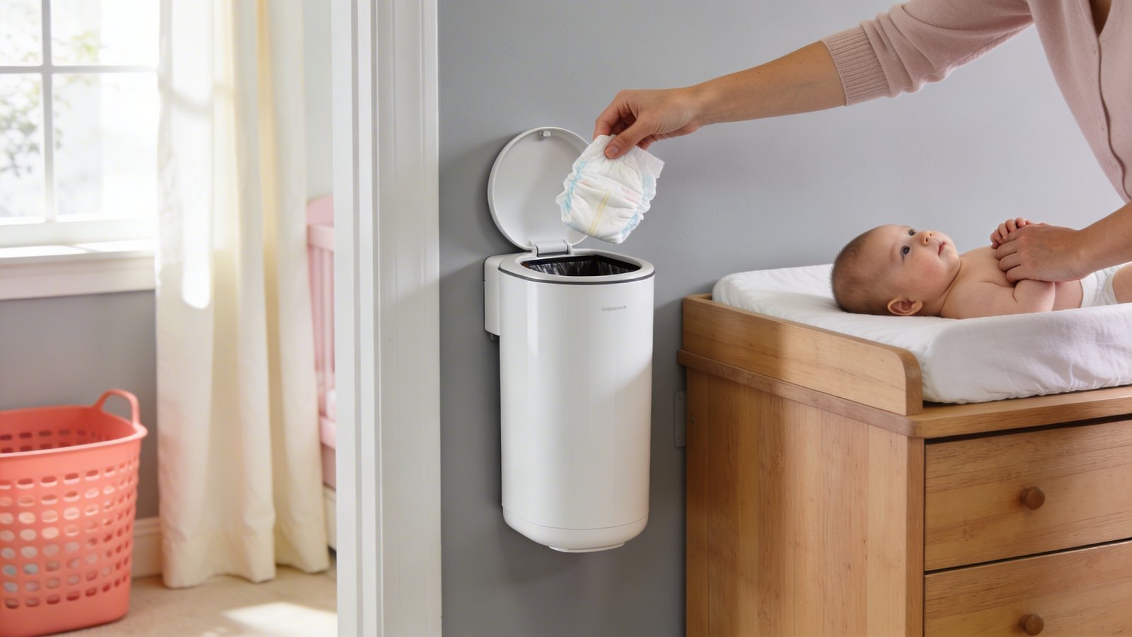 A modern nursery corner featuring a sleek white wall-mounted diaper pail installed beside a wooden changing table, photographed from a side angle showing the compact cylindrical disposal unit securely attached to a soft gray wall, with a parent's hand effortlessly dropping a diaper into the top opening while their other hand steadies a baby on the adjacent changing pad, natural sunlight streaming through a nearby window illuminating the space-saving setup, pastel nursery decor visible in the background including a coral-colored storage basket and cream-colored curtains, realistic home interior photography style with shallow depth of field