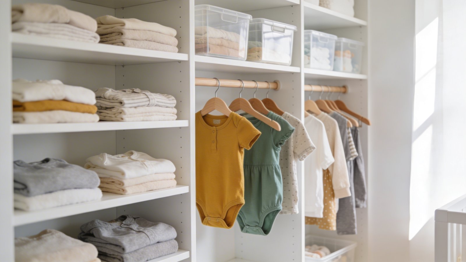 A bright, well-organized nursery closet showcasing a minimalist capsule wardrobe system with neutral-toned baby clothes in whites, grays, and beige neatly folded on white shelving dividers organized by size, featuring a few colorful accent pieces like a mustard yellow onesie and sage green romper, natural wood hangers with coordinating outfits, clear storage bins labeled with size markers, soft natural lighting streaming from the side, shot from a straight-on angle at eye level, professional interior photography style, shallow depth of field with the organized clothes in sharp focus