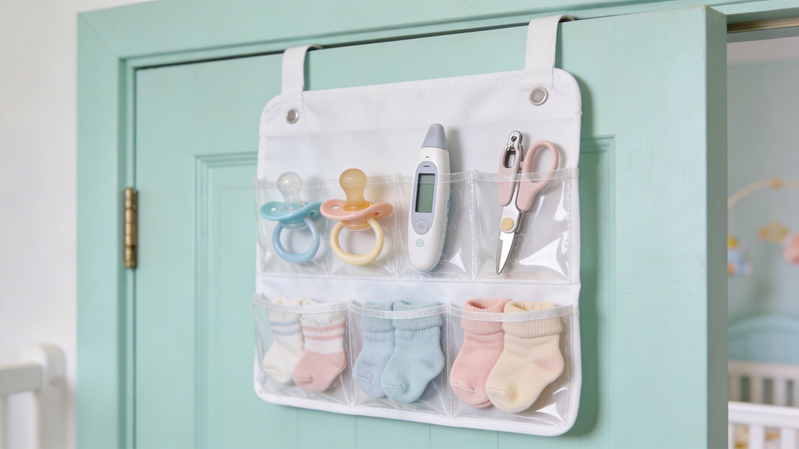A high-quality photograph of a white over-the-door organizer with clear plastic pockets hanging on the back of a nursery door, filled with baby essentials like pacifiers, a digital thermometer, baby nail clippers, small socks, and mittens in soft pastel colors, shot from a slight side angle showing the door frame, with gentle natural lighting illuminating the organized items, shallow depth of field focusing on the middle pockets, modern minimalist nursery aesthetic with pale mint green door