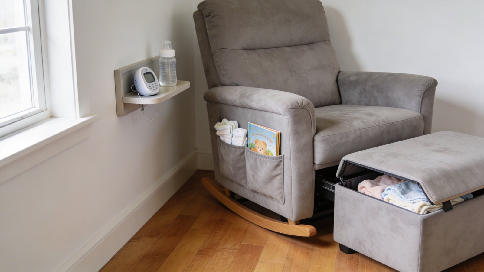 A cozy corner of a modern nursery featuring a plush gray upholstered glider rocking chair with visible side storage pockets filled with baby essentials like burp cloths and a children's book, paired with a matching storage ottoman with its lid slightly open revealing baby blankets inside, positioned against soft white walls with natural light streaming in from a nearby window, shot from a three-quarter angle to show both the chair's storage features and the space-saving corner placement, with warm wooden flooring and a small wall-mounted floating shelf within arm's reach holding a baby monitor and water bottle