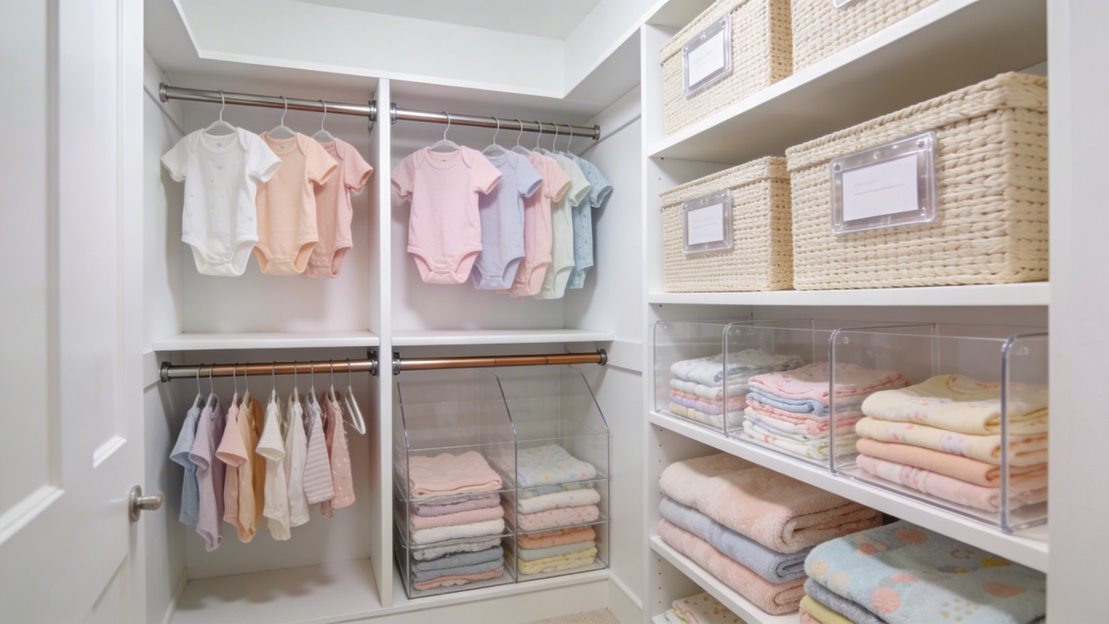 A bright, organized baby nursery closet with custom white shelving systems showing two tiered hanging rods filled with tiny pastel-colored onesies and baby clothes, clear acrylic shelf dividers neatly separating folded baby blankets and clothing stacks, matching woven fabric bins with clear label holders on upper shelves, soft natural lighting illuminating the maximized vertical storage space, shot from a straight-on angle showing the full depth and organization of the compact closet interior, realistic home organization photography style