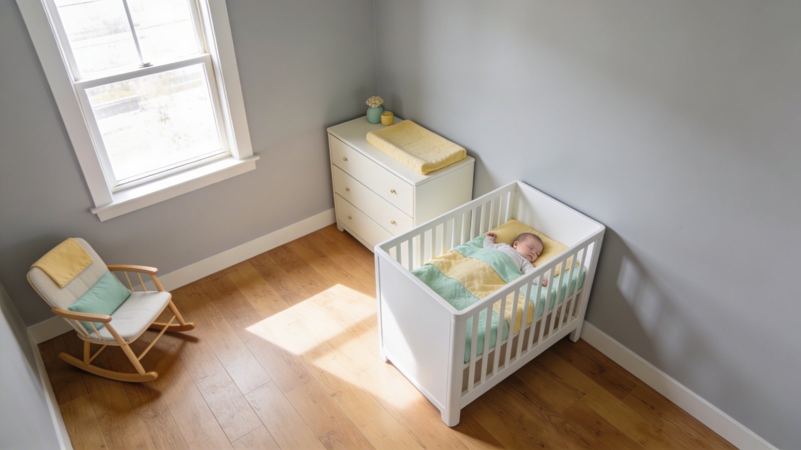 A bright, airy nursery photographed from a corner angle showing a modern white mini crib with a sleeping baby, positioned against a soft gray wall with ample walking space around it, accompanied by a compact dresser and small rocking chair, natural sunlight streaming through a nearby window, wooden flooring, pastel yellow and mint green accents in bedding and decor, demonstrating the spacious room layout that a compact crib allows