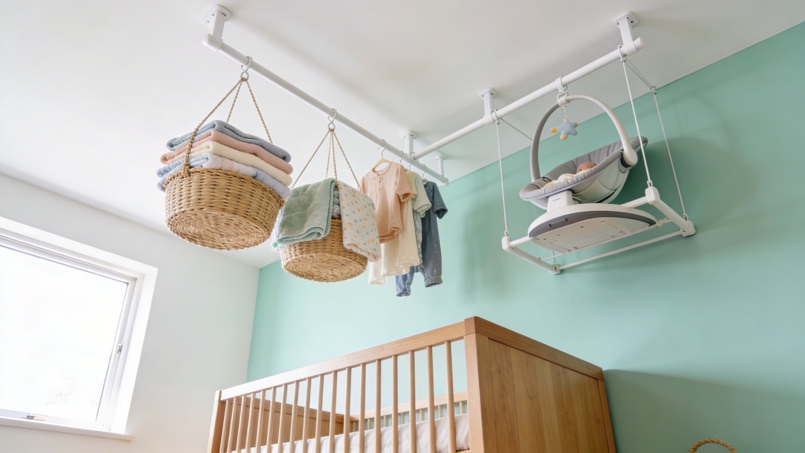 A bright, airy nursery photographed from a low angle looking upward, showcasing white ceiling-mounted overhead storage racks with woven hanging baskets suspended from the ceiling containing neatly folded baby blankets and seasonal clothing, a modern wooden crib positioned safely below with adequate clearance, soft natural light streaming through a nearby window illuminating the vertical storage solution, pastel mint green accent wall, the perspective emphasizing the often-overlooked ceiling space being utilized for bulky baby items like a compact baby swing stored on the overhead rack, clean Scandinavian-style nursery design with minimal floor clutter