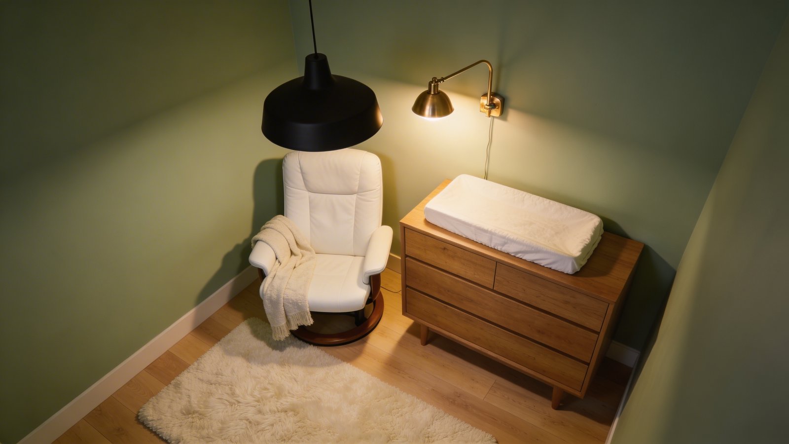 A modern nursery corner photographed at a slight upward angle showing a white glider chair with a soft throw blanket next to a wooden changing table, illuminated by an elegant brass swing-arm wall sconce mounted above the changing area and a contemporary matte black pendant light hanging over the seating nook, both fixtures casting warm ambient light, with pale sage green walls, a plush cream area rug on light oak flooring, and no floor lamps visible in the space, shot during evening hours to emphasize the practical lighting, realistic interior photography style with soft shadows