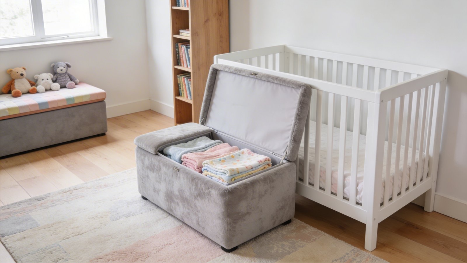 A bright, modern small nursery featuring multi-functional furniture including a plush gray storage ottoman with its lid open revealing neatly folded baby blankets inside, positioned next to a white convertible crib, with a tall wooden bookshelf serving as a subtle room divider in the background, and a cushioned toy chest bench against the wall holding stuffed animals on top, shot from a mid-height angle in soft natural window light with pastel accents and a cozy area rug on light hardwood floors