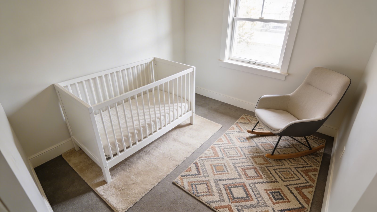 A beautifully styled small nursery interior featuring two distinct area rugs creating separate zones, with a soft neutral-colored rug placed under a white crib defining the sleeping area and a complementary patterned rug under a modern rocking chair in the corner creating a feeding zone, captured from a wide-angle perspective showing how the rugs visually divide the compact space, natural light streaming through a window, pale walls, minimalist decor, realistic home photography style with professional interior design composition