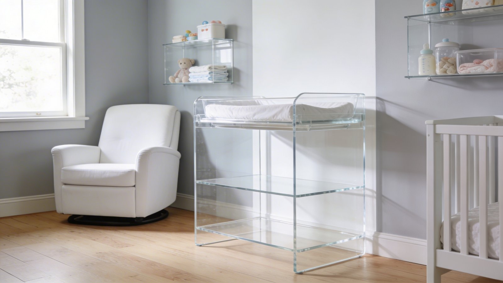 A bright, modern small nursery featuring a transparent acrylic changing table as the centerpiece, showcasing its see-through lucite construction that allows the white wall behind it to be visible through the furniture, paired with a solid white upholstered glider chair in the corner, soft natural light streaming through a window creating an airy and spacious feeling, minimal clutter with a few baby essentials neatly organized on the clear shelves, pale gray walls, light wooden flooring, and a simple white crib visible in the background, photographed from a side angle at eye level to emphasize the furniture's transparent quality and open aesthetic
