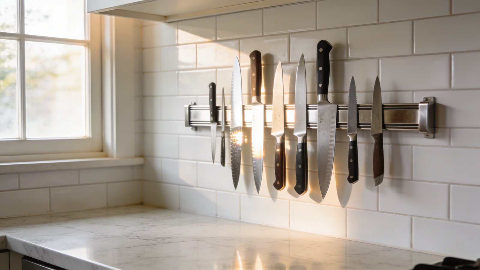 A modern bright kitchen showcasing a sleek stainless steel magnetic knife strip mounted on a white subway tile backsplash, with various professional chef's knives of different sizes magnetically suspended on it, natural morning light streaming through a nearby window creating subtle reflections on the knife blades, clear uncluttered marble countertop below emphasizing the freed-up space, shot from a slight side angle at counter level, photorealistic style with warm ambient lighting