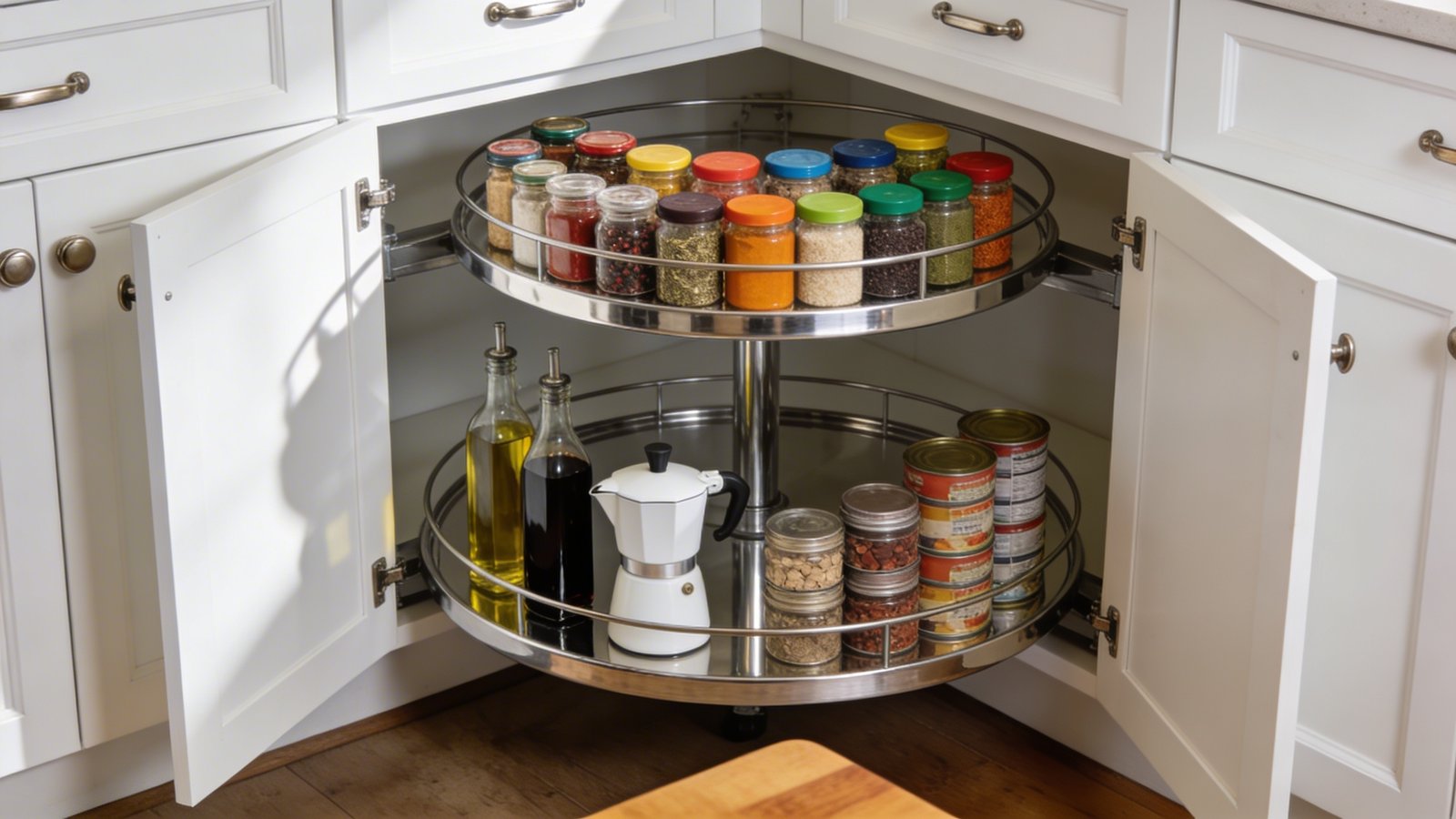 A modern kitchen corner cabinet with its doors wide open revealing a large chrome lazy susan turntable inside, photographed from a 45-degree angle at eye level, the rotating shelves neatly organized with colorful spice jars, glass bottles of olive oil and balsamic vinegar, stacked canned goods, and a small white coffee grinder, natural daylight streaming from the left side creating soft shadows, white shaker-style cabinet with brushed nickel hardware, warm wood countertop visible at the bottom, clean and minimal aesthetic with a focus on the practical rotating storage solution in action
