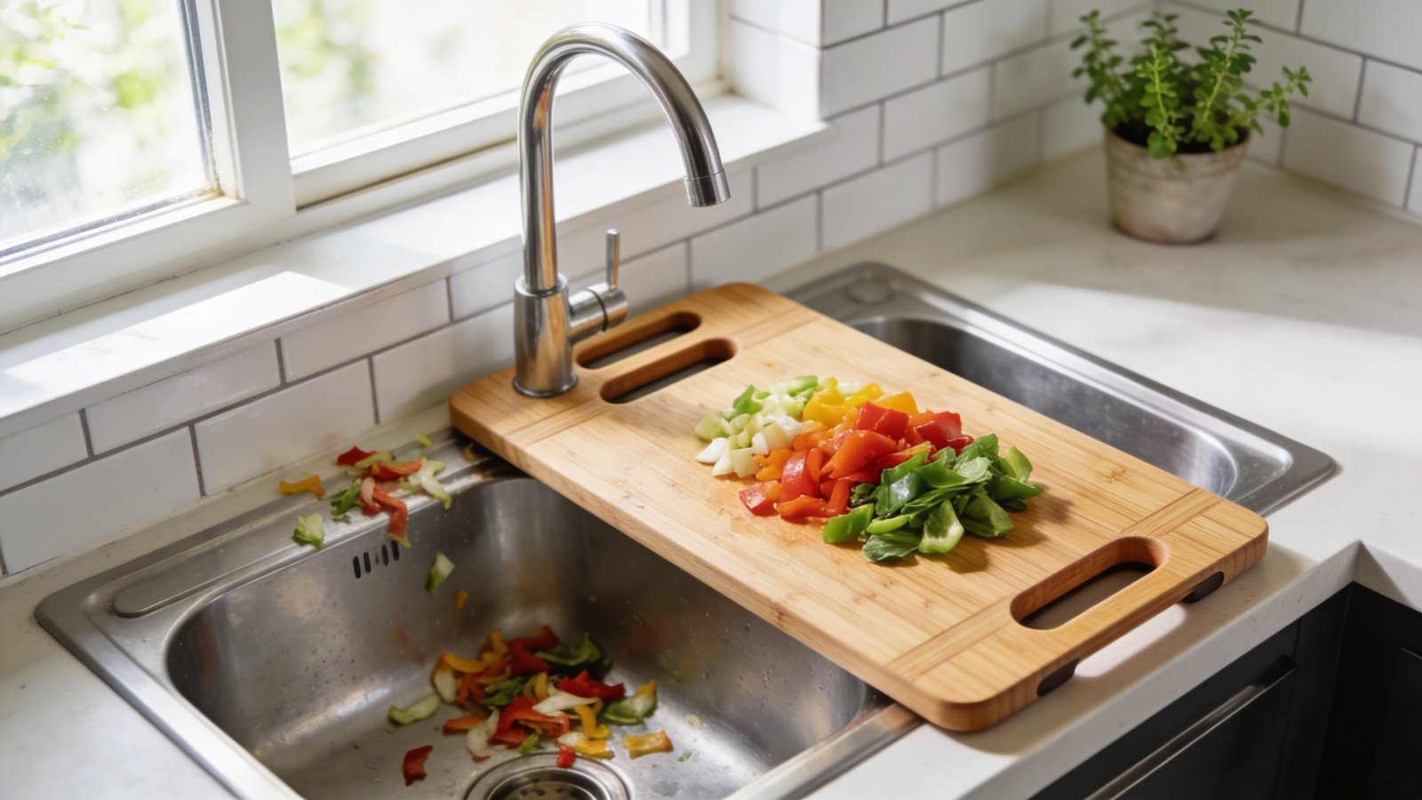 A bright modern kitchen with a wooden bamboo cutting board with integrated handles positioned over a stainless steel sink, captured from a 45-degree overhead angle, showing fresh colorful vegetables being chopped with vegetable scraps swept to one side near the sink edge, natural morning light streaming through a nearby window illuminating the cutting board surface, with a sleek contemporary faucet visible, white subway tile backsplash, and a small potted herb plant on the counter in soft focus in the background, photorealistic style with sharp focus on the cutting board and produce