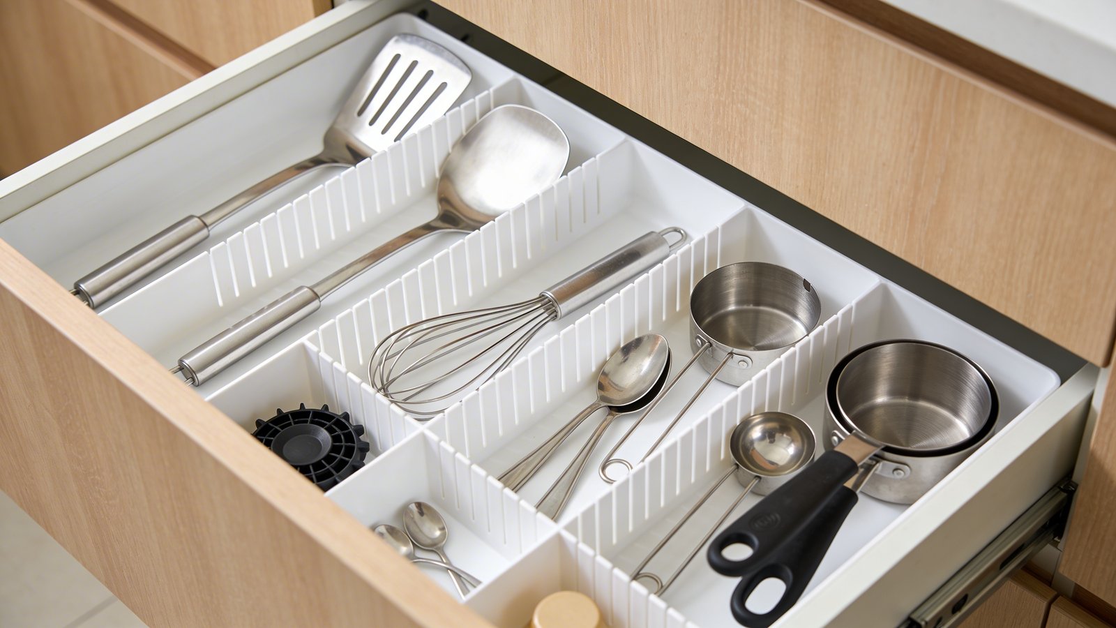 A top-down overhead view of an open kitchen drawer showcasing organized utensils separated by white expandable drawer dividers, with distinct sections containing silver spatulas, whisks, measuring spoons, and various cooking gadgets neatly arranged in their designated compartments, natural daylight illuminating the drawer against light wood cabinetry, realistic home organization photography style with sharp focus and clean composition