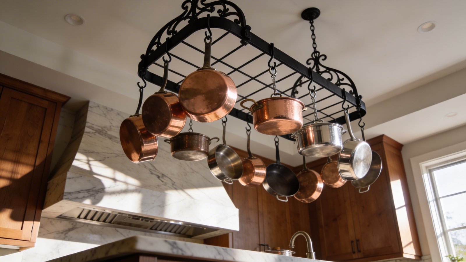 A modern kitchen interior photographed from a low angle looking upward, showcasing a matte black wrought iron ceiling-mounted pot rack suspended above a marble kitchen island, with an array of gleaming copper and stainless steel pots and pans hanging at varied heights from S-hooks, natural sunlight streaming through a nearby window creating dramatic shadows and highlights on the cookware surfaces, warm wood cabinets visible in the background, shallow depth of field emphasizing the hanging cookware as functional decor, professional architectural photography style, ultra-realistic details