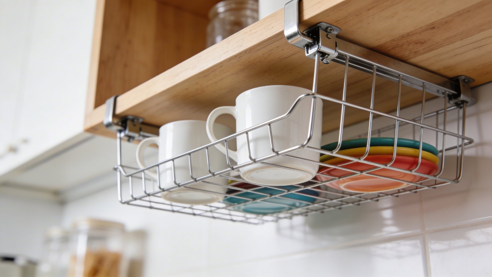 A high-quality photograph of a modern kitchen cabinet shelf with wire under-shelf baskets attached beneath the existing shelf, creating extra storage layers. The baskets are holding white coffee mugs and small colorful plates, shot from a 45-degree angle showing the clever space-saving design. The shelving unit has a light wood finish, with the chrome wire baskets clearly visible hanging underneath. Natural lighting illuminates the organized setup, with a bright and airy kitchen background slightly out of focus. Professional product photography style with sharp detail on the basket mechanism and stored items.