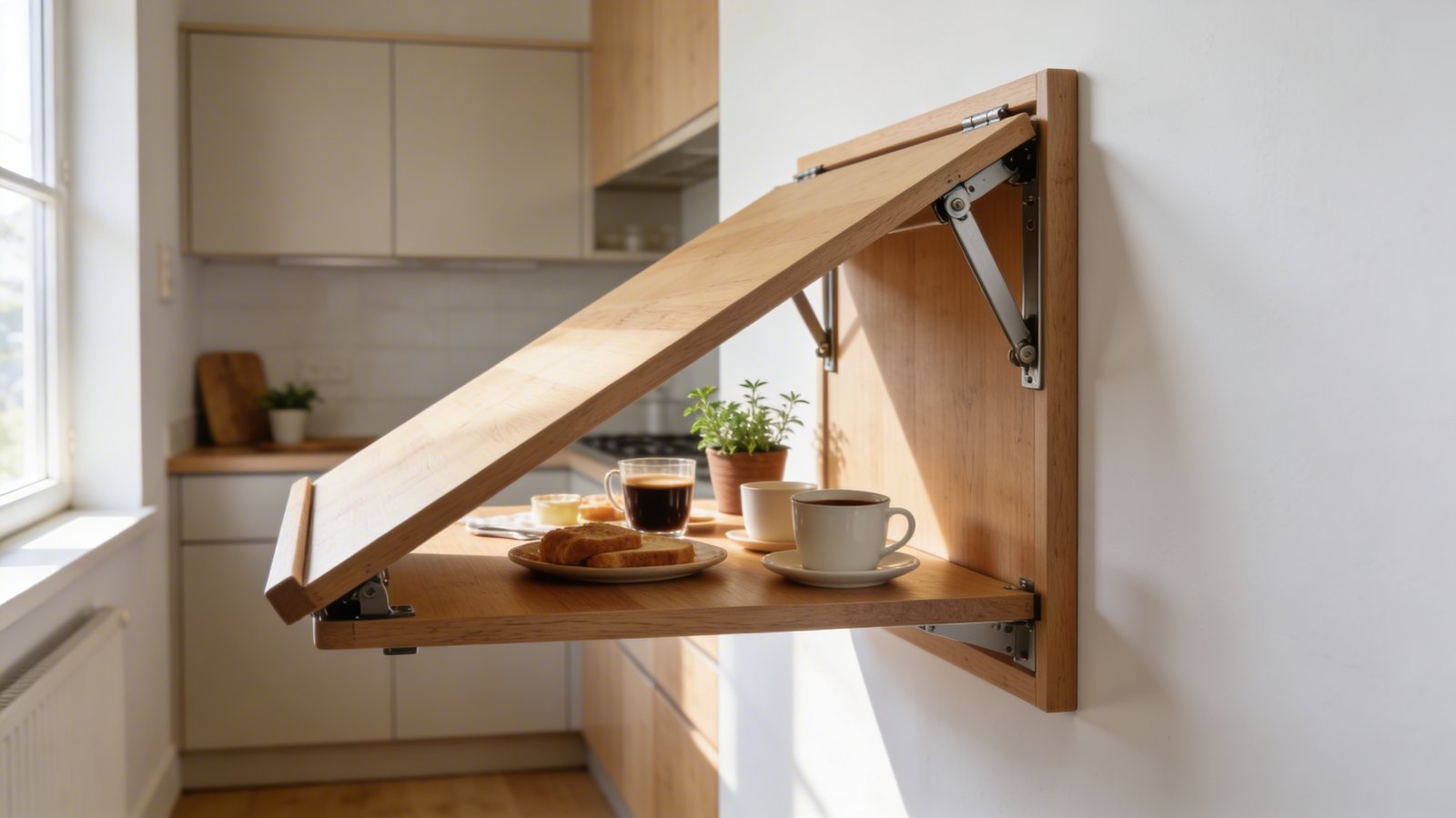 A modern compact kitchen interior showcasing a light wood wall-mounted folding table in its extended position against a white wall, with breakfast items and coffee cups arranged on its surface, natural morning light streaming through a nearby window, the hinged support bracket clearly visible, neutral-toned cabinets in the background, small potted herbs on the table, warm Scandinavian-style design, shot from a three-quarter angle at counter height, shallow depth of field, bright and airy atmosphere