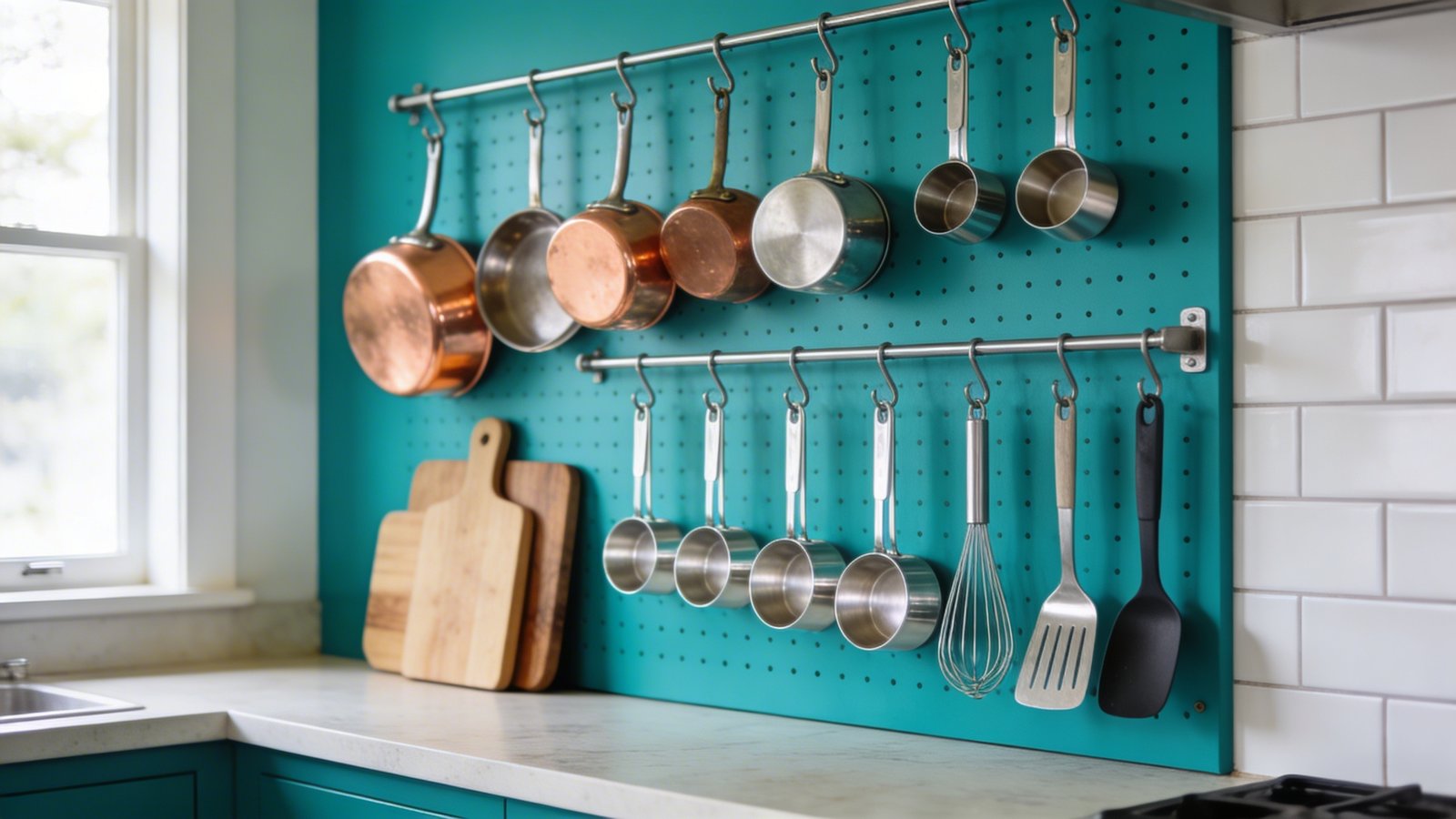 A modern kitchen featuring a vibrant teal-colored pegboard wall organization system mounted above a countertop, displaying an array of copper and stainless steel pots and pans hanging from metal hooks, wooden cutting boards, silver measuring cups dangling in graduated sizes, and various cooking utensils like whisks and spatulas, shot from a three-quarter angle with natural window lighting illuminating the organized display, shallow depth of field highlighting the customizable storage arrangement, contemporary kitchen with white subway tile backsplash visible on the adjacent wall, realistic home interior photography style