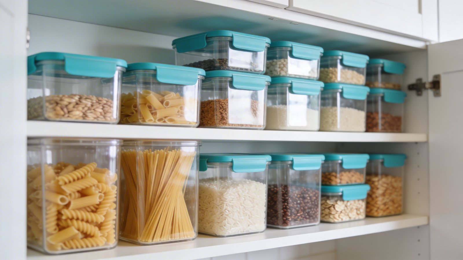 A bright, well-organized kitchen cabinet interior photographed from a straight-on angle, showcasing a complete system of clear square stackable food storage containers with matching turquoise blue lids neatly arranged on white cabinet shelves, containers filled with various dry goods like pasta, rice, and cereals, perfectly nested and aligned to demonstrate efficient vertical space utilization, soft natural lighting illuminating the transparent containers, shallow depth of field focusing on the middle shelf, modern minimalist aesthetic with light wood or white cabinet interior, professional food photography style