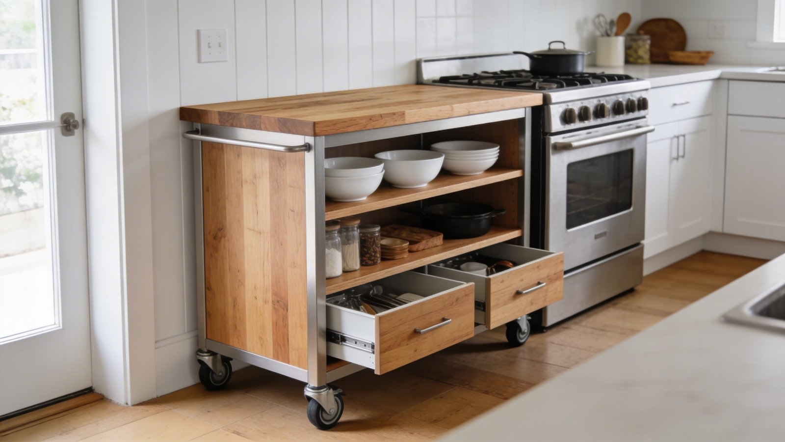 A modern rolling kitchen cart with natural butcher block wooden top positioned beside a stove in a bright contemporary kitchen, featuring three open shelves stocked with white ceramic bowls and cooking essentials, two pull-out drawers, and smooth-rolling casters, photographed from a three-quarter angle showing its mobility and functionality, with soft natural lighting from a nearby window highlighting the warm wood grain against crisp white cabinet backgrounds
